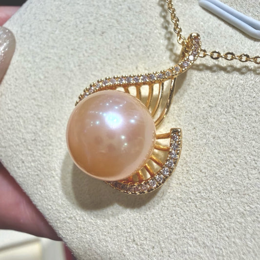 Freshwater Peach Pearl Necklace with Curved Zircon Accent,, 12–13mm featuring 12–13mm peach freshwater pearl