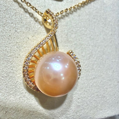 Freshwater Peach Pearl Necklace with Curved Zircon Accent,, 12–13mm featuring 12–13mm peach freshwater pearl
