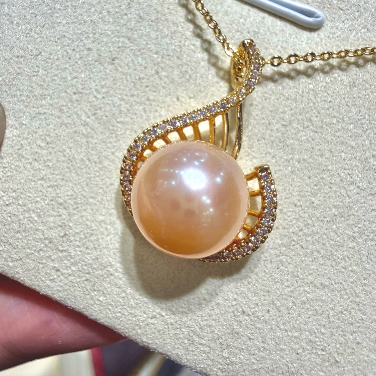 Freshwater Peach Pearl Necklace with Curved Zircon Accent,, 12–13mm featuring 12–13mm peach freshwater pearl