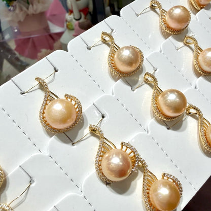 Freshwater Peach Pearl Necklace with Curved Zircon Accent,, 12–13mm featuring 12–13mm peach freshwater pearl