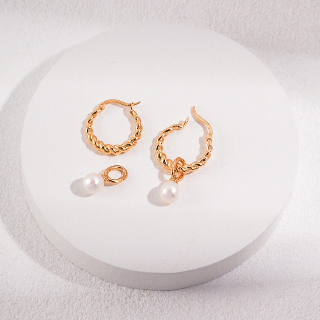 Minimalist Twisted Earings with Detachable Pearls-18kGold on Silver