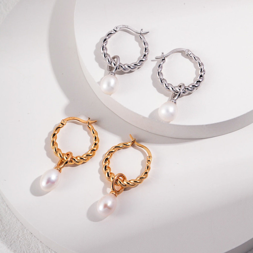 Minimalist Twisted Earings with Detachable Pearls-18kGold on Silver