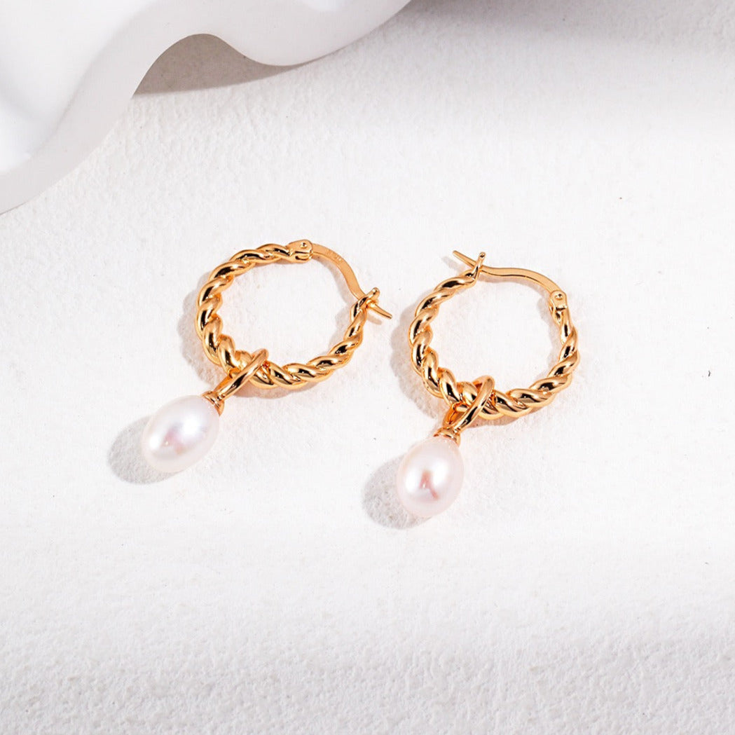 Minimalist Twisted Earings with Detachable Pearls-18kGold on Silver