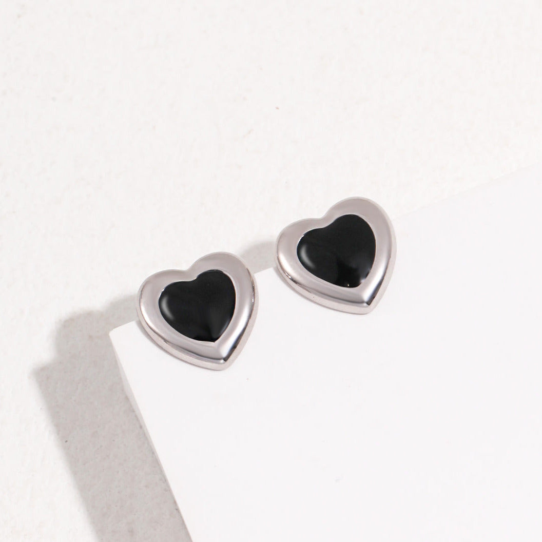 Black Agate Heart Earrings -18kGold on Silver