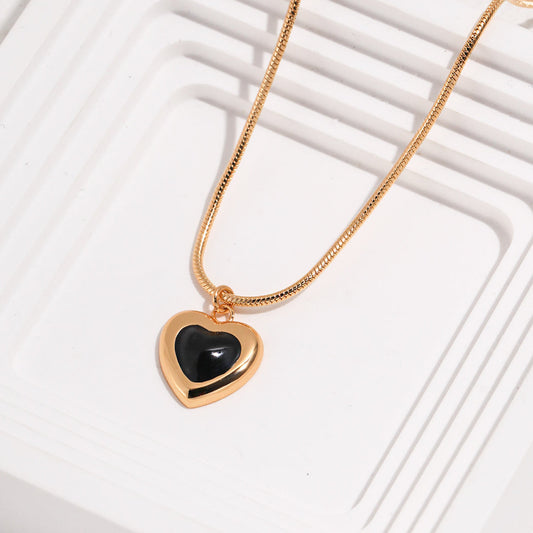 Black Agate Heart Pendant Necklace -18kGold on Silver