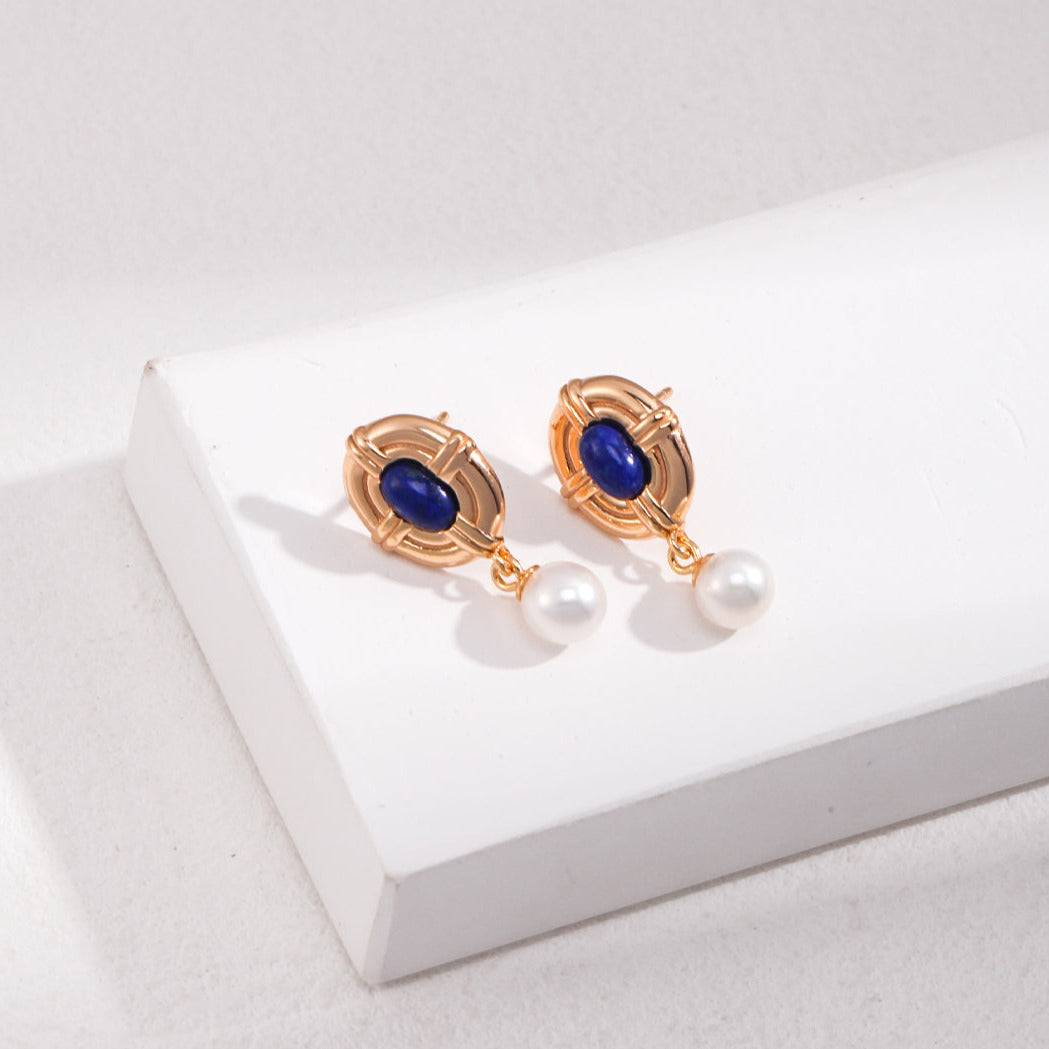 Lapis Lazuli & Pearl Retro Earrings -18k Gold-Filled Silver