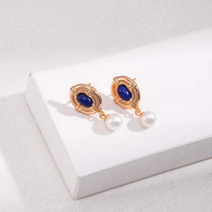 Lapis Lazuli & Pearl Retro Earrings -18k Gold-Filled Silver