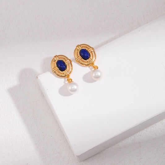 Lapis Lazuli & Pearl Retro Earrings -18k Gold-Filled Silver