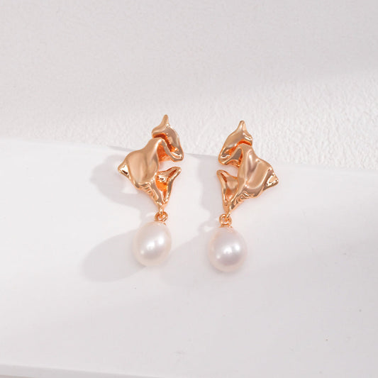 Foil Textured Pearl Drop Earrings -18kGold on Silver