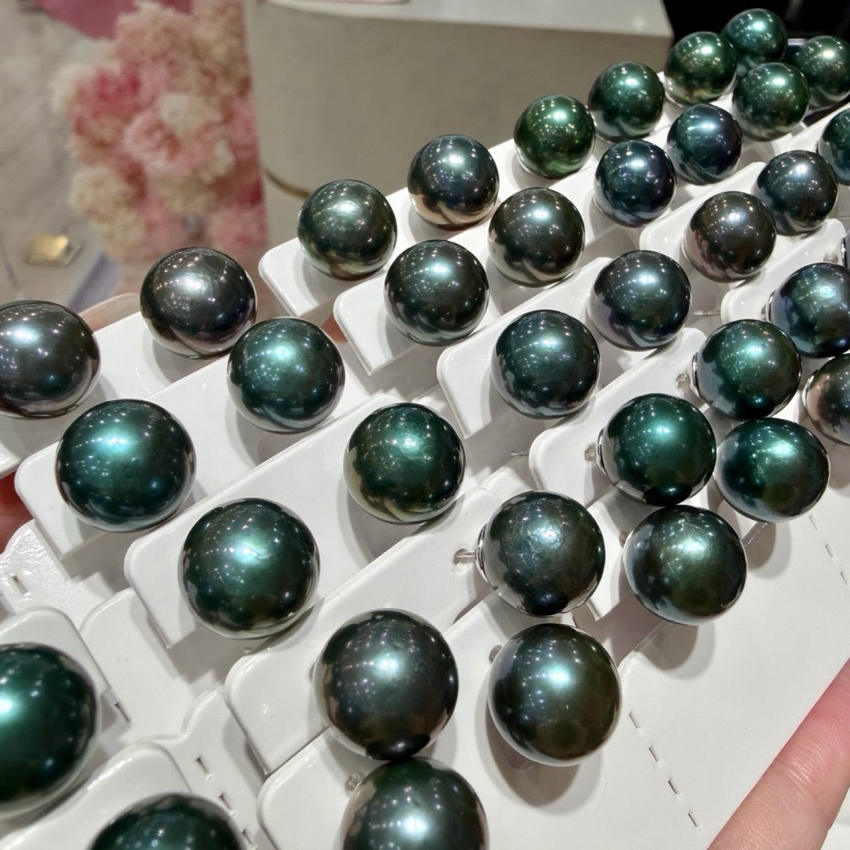 Classic Deep Green Pearl Stud Earrings, 12–13mm featuring 12–13mm deep green freshwater pearl