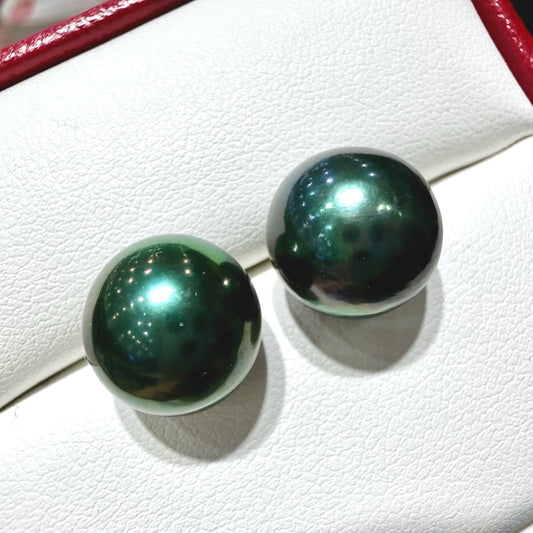 Classic Deep Green Pearl Stud Earrings, 12–13mm featuring 12–13mm deep green freshwater pearl