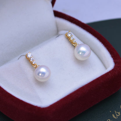 Three Zircon Earrings AAA 9mm Freshwater Pearl Stud