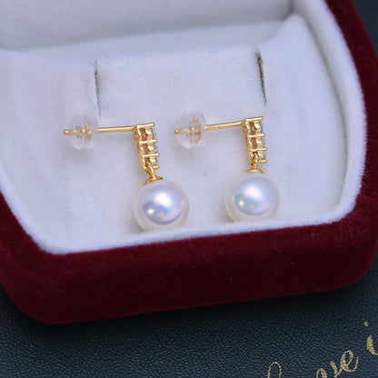 Three Zircon Earrings AAA 9mm Freshwater Pearl Stud