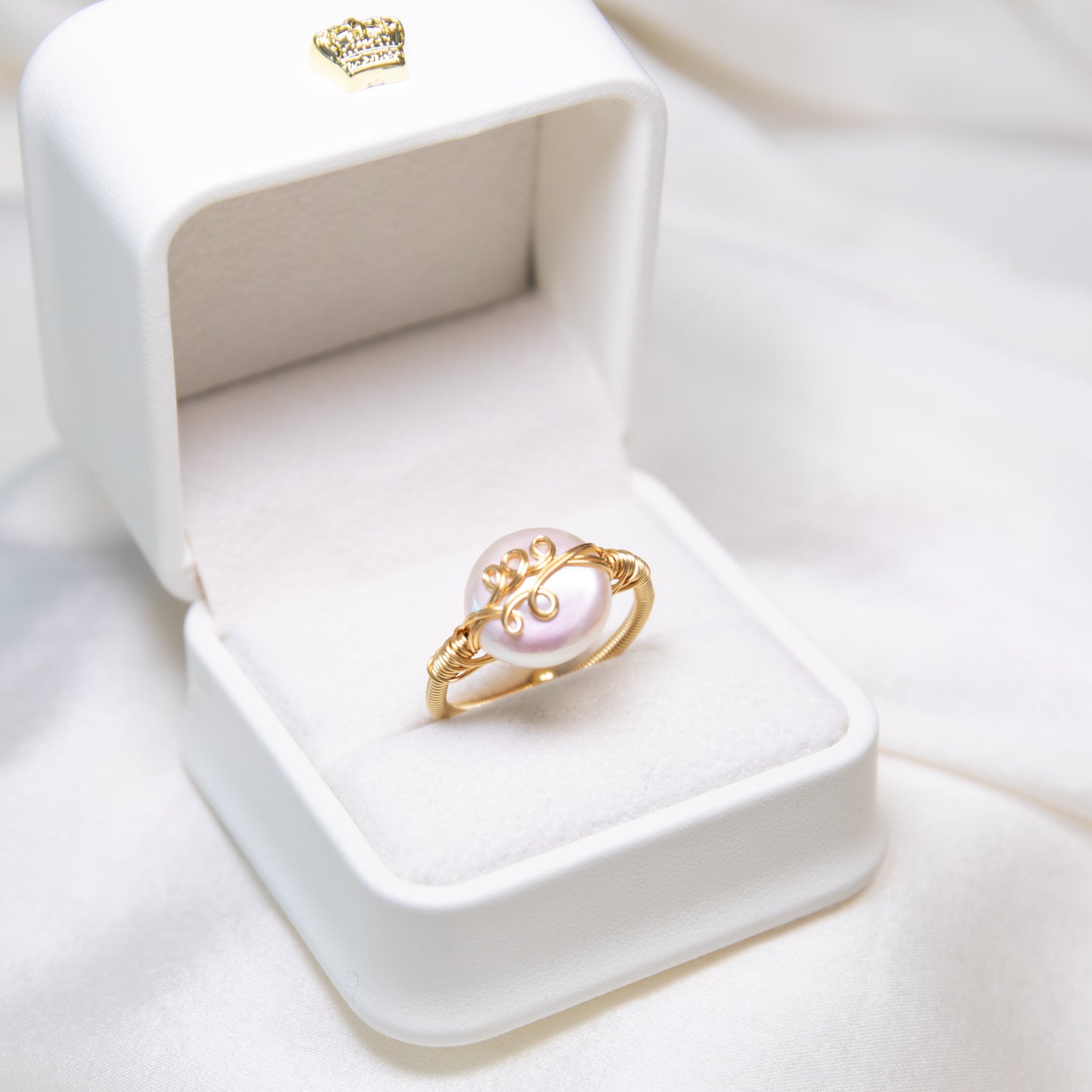 Round Button Baroque Pearl Ring with Wire Wrapped Band