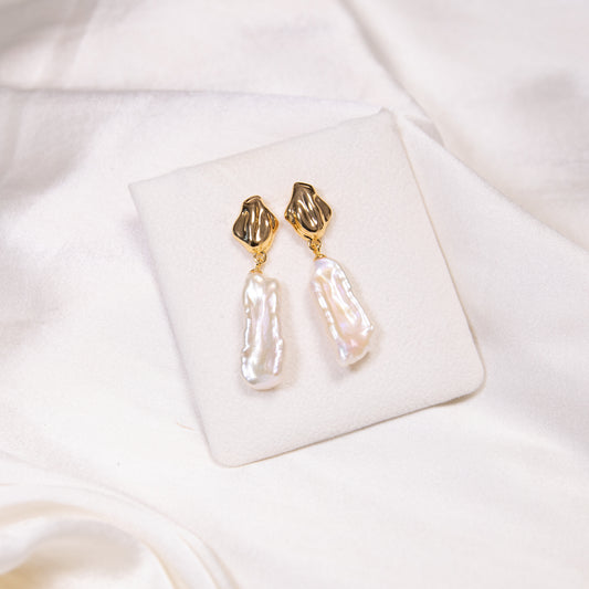 Rectangle Baroque Pearl Ear Drops(Sterling Silver)