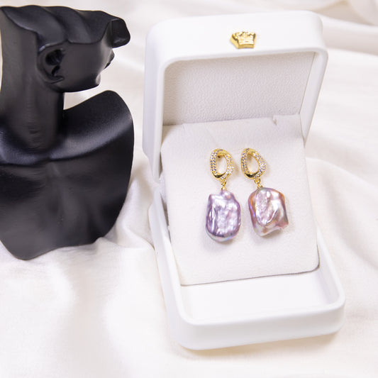 Purple Square Baroque Pearl Dangle Earrings