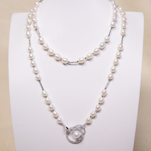 Oval Freshwater Pearl Long Necklace Circle Pendant