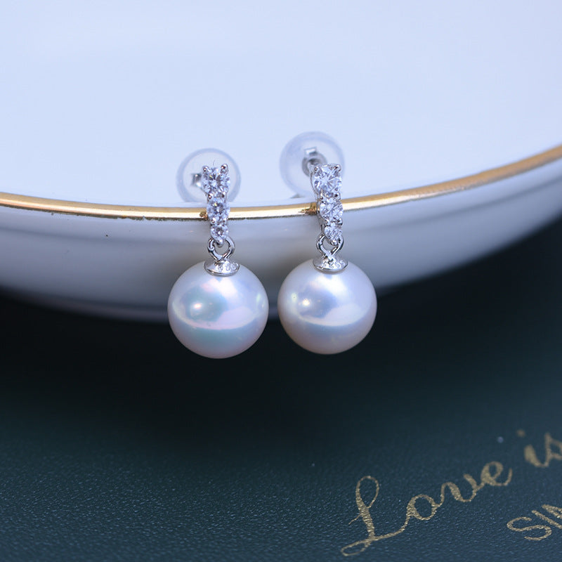 Three Zircon Earrings AAA 9mm Freshwater Pearl Stud